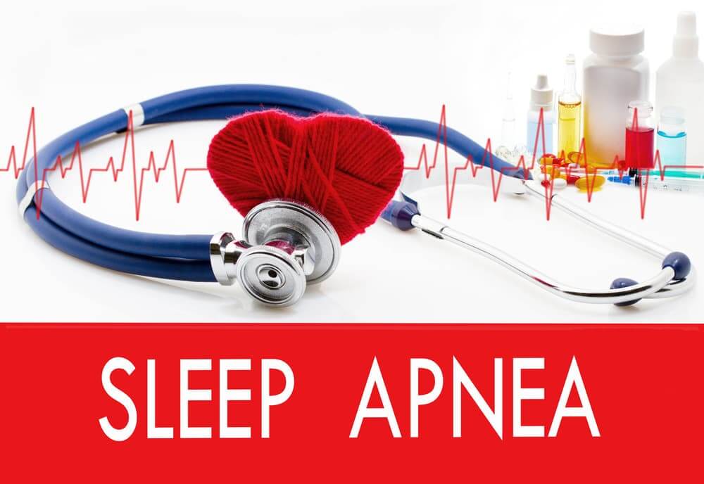 Medical concept of sleep apnea with stethoscope, heart symbol, and heartbeat graph.